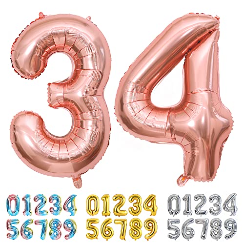 Ponmoo Foil Globo Número 34 43 Oro Rosa, Gigante Numeros 0 1 2 3 4 5 6 7 8 9 10-19 20-29 30-39 40...