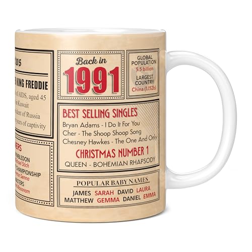Mug Monster - Regalo de cumpleaños número 34 para hombres y mujeres – Taza blanca de 1991...