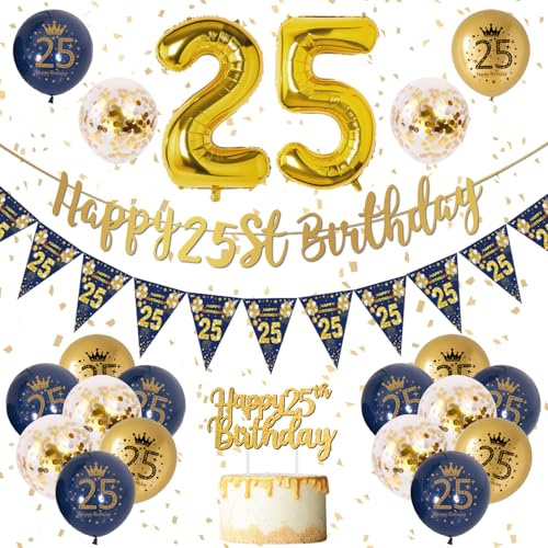 25 Años Decoracion Cumpleaños Hombre Azul Oro Banner de Feliz Cumpleaños, Azul Oro Globos de...
