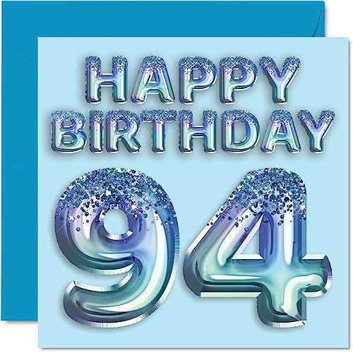 Tarjeta de cumpleaños número 94 para hombres, globo de fiesta con purpurina azul, tarjetas de...