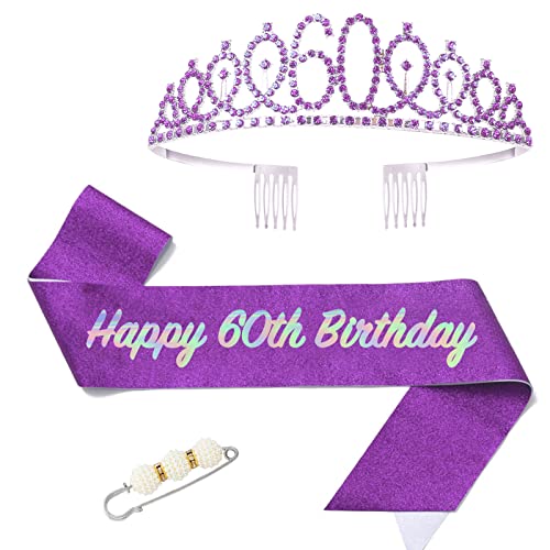POPOYU Banda y Tiara de Reina de Cumpleaños 60 para Mujer, Corona y Banda de Cumpleaños 60...