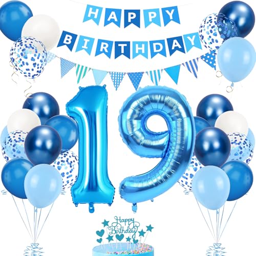 Decoracion Cumpleaños 19 Años Azul, Globos Cumpleaños 19 Años para Hombre, Globos 19...