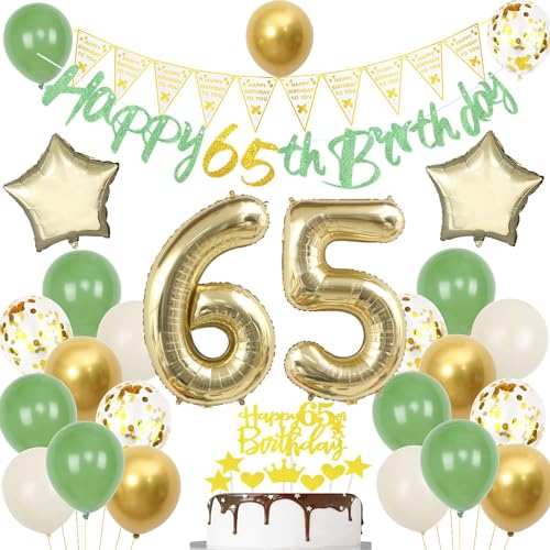 Globos y Decoraciones para Fiesta de 65 Cumpleaños - Verde y Oro - Para Hombre y Mujer - Incluye...