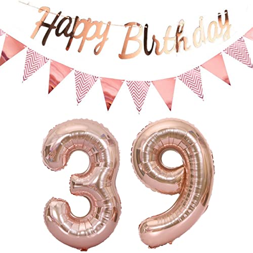Globos 39 cumpleaños decoración mujer oro rosa+Guirnalda feliz cumpleaños +cadena de gallardetes...