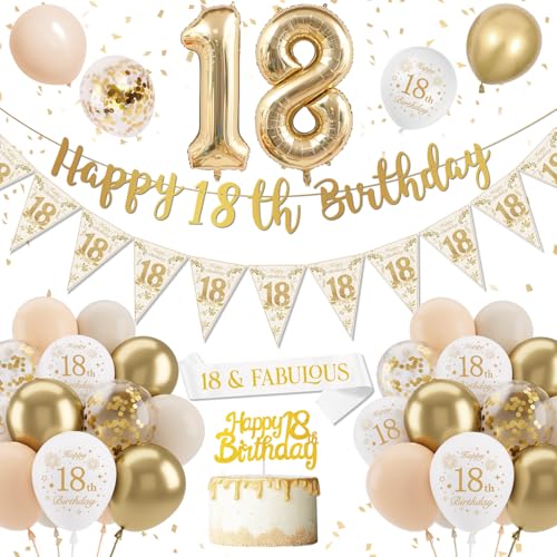Decoración 18 Años, Globos Dorado Blanco, Pancarta De Feliz Cumpleaños, Número 18 Globo para...