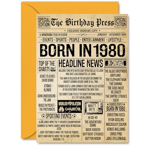 Tarjeta de cumpleaños número 45 para hombres y mujeres – Bday Press Newspaper 1980 – Tarjetas...