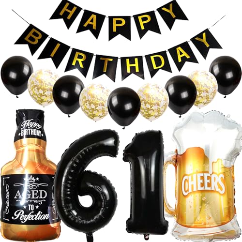 Feelairy Decoración Cumpleaños 61 años Hombre, Globo 61 años Mujer Cumpleaños Oro Negro, Globo...