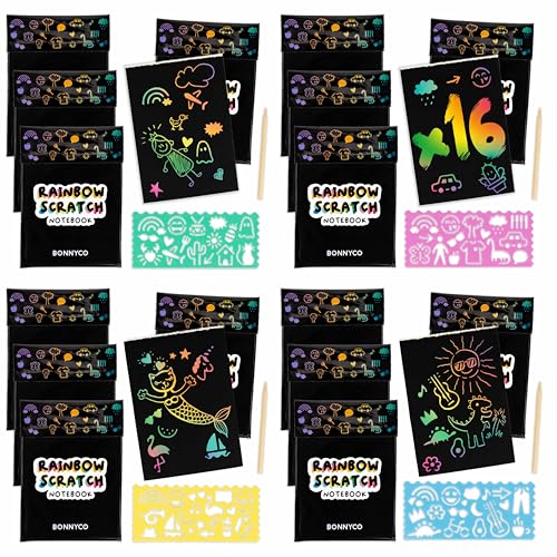 BONNYCO Cuadernos para Rascar Rainbow Scratch Art Niños, 16 Sets de Libreta, Plantilla y Lápiz de...