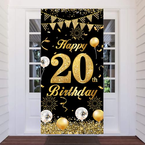 20 Años Cumpleaños Decoración negro y dorado, Pancarta para Mujer Hombre 20 Cumpleaños Puerta...