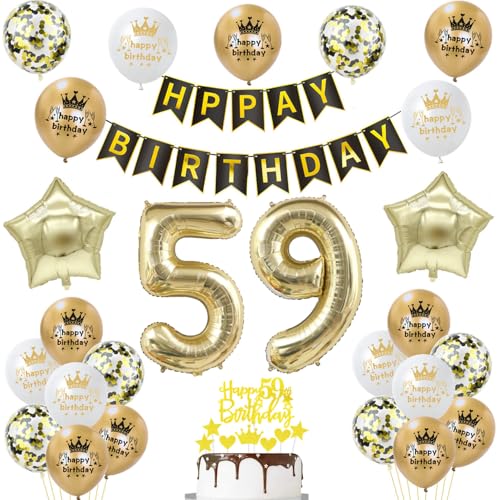 Decoración Globos 59 Años Dorados y Negros para Cumpleaños Hombre y Mujer - Topper Tarta y Deco...