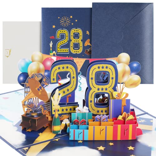 Tarjeta de cumpleaños, 28 tarjetas de cumpleaños con sobre, 3D Pop Up Tarjeta de 28 cumpleaños, tarjeta de felicitación de cumpleaños para niñas, jóvenes, amigos, romance