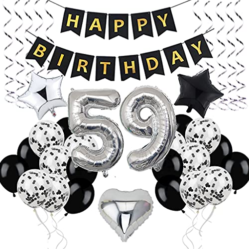 Decoración de 59 cumpleaños, Deco de cumpleaños 59 años hombres, Deco de 59 cumpleaños hombre, Deco de 59 globos negro y plata, Deco de fiesta de 59 cumpleaños con globos, Deco de 59 cumpleaños