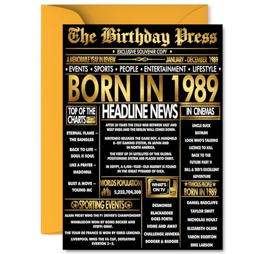 Tarjeta dorada de cumpleaños número 36 para hombres y mujeres, periódico negro y dorado nacido en...
