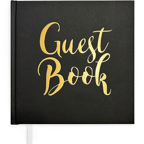 Plantvibes ® Noble libro de visitas negro y dorado, 72 páginas, tapa dura libro de invitados vintage para bodas, bautizos o cumpleaños, libro de invitados de boda