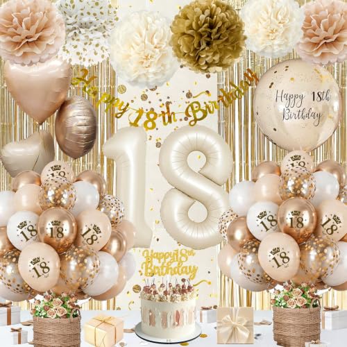 Globos 18 Cumpleaños Chica, Decoración 18 cumpleaños en beige y Dorado con Globos de 18 años,...