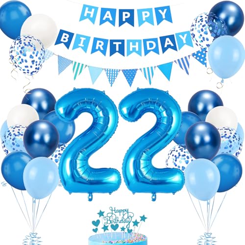 Decoración Cumpleaños 22 Años Azul para Hombres y Mujeres - Globos y Accesorios para Fiesta
