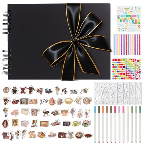 DazSpirit Album Fotos para Pegar y Escribir con Cinta Negra con Ribete Dorado, 80 Páginas Negras...