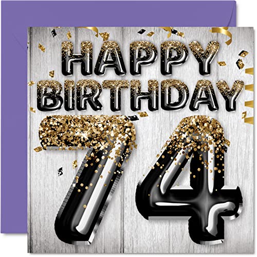 Tarjeta de cumpleaños 74 para Hombres, Globos Negros y Dorados con Purpurina, Tarjetas de Feliz...