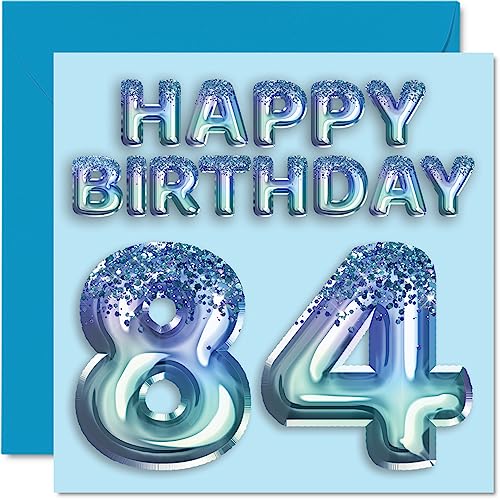 Tarjeta de cumpleaños número 84 para hombres, globo de fiesta con purpurina azul, tarjetas de feliz cumpleaños para hombre de 84 años, bisabuelo, abuelo, papá, abuelo, abuelo, 145 mm x 145 mm, ochenta