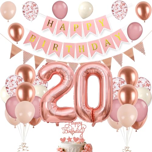 Decoración 20 Años en Oro Rosa para Cumpleaños de Mujeres y Chicas - Globos y Fiesta