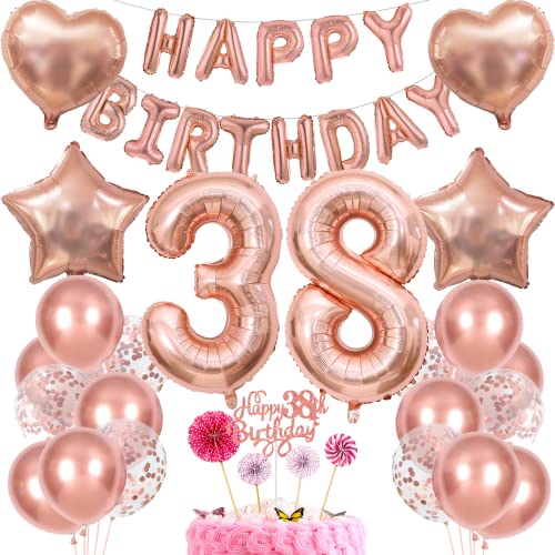 Decoracion para 38 Cumpleaños Mujer - Torta Regalo Oro Rosa con Globos para 38 Años
