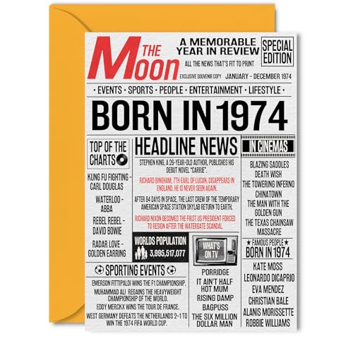 Tarjetas de cumpleaños número 51 para mujeres y hombres – Born In 1974 Newspaper – Tarjeta de...