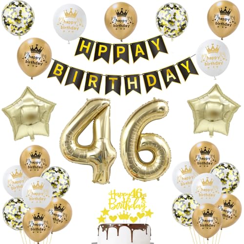 Decoración Globos 46 Cumpleaños Hombre y Mujer - Dorados y Negros - Topper Tarta 46 Años - Deco...