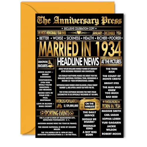 Tarjeta dorada de 91 aniversario para mujeres y hombres, periódico dorado casado en 1934, tarjeta...