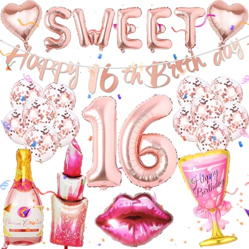 Decoración Cumpleaños 16 Años Niña 21 Piezas, Globo 16er Cumpleaños Oro Rosa, Globo de...