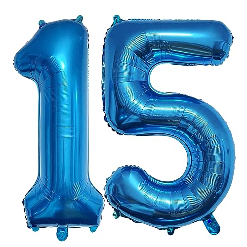 DAZAKA Globos de Cumpleãnos 15 Azules|101 CM Globo 15 Años Azules|Foil Globo Número 40 Pulgadas,Decoracion Cumpleaños,Globos Numeros Gigantes Para Boda Aniversario,Fiestas|con Helio o Aire