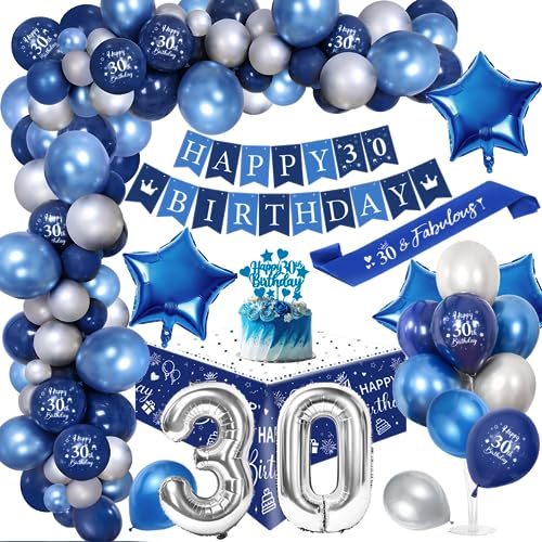 30 Años Decoraciones Cumpleaños Hombre, Globos 30 Cumpleaños Fiesta Azul Plata con 30 Happy Birthday Banner Birthday Sash Manteles Cake Topper para Hombres Adultos 30 Cumpleaños Fiesta