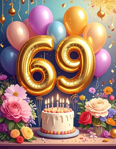 Genérico Tarjeta 69 Cumpleaños y Aniversario con Globos y Flores - Felicitación 69 Años para...