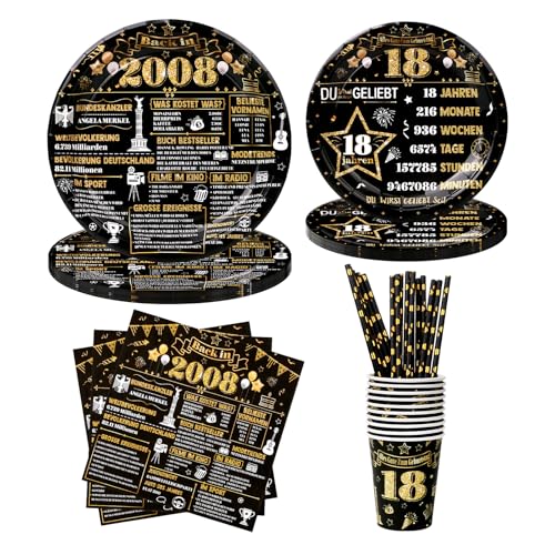 YEJIKJ 18. cumpleaños Deco Party Gear Set de vuelta en 2008 plato oro negro 18. Placa de papel de...