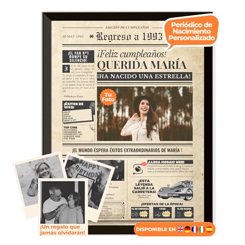 Periódico de cumpleaños 1993 – póster personalizado año nacimiento con foto, nombre y mensaje...