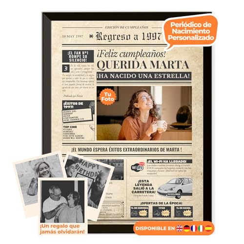 Periódico de cumpleaños 1997 – póster personalizado año nacimiento con foto, nombre y mensaje...