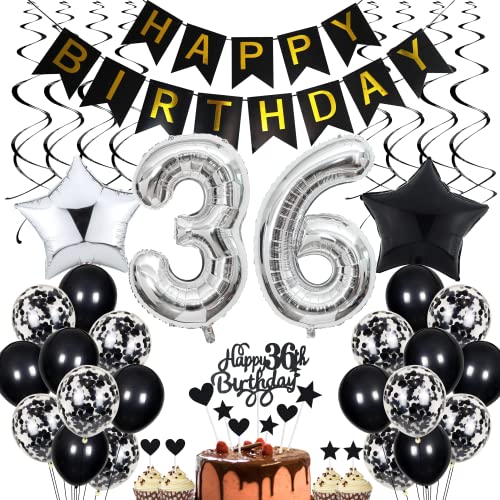 Decoración 36 Cumpleaños Hombre Mujer - Torta Negra, Fiesta Blanco y Negro