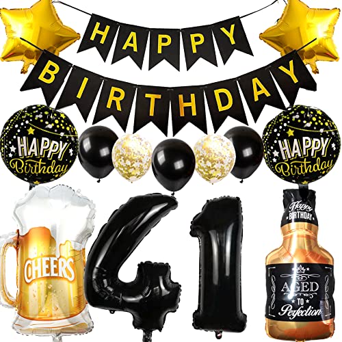 Ouceanwin Decoración Cumpleaños 41 años Hombre Mujer, Globos 41 Cumpleaños Oro Negro, Foil...