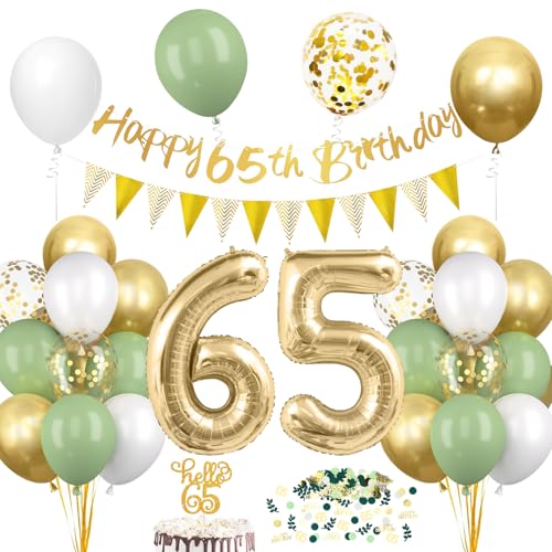Decoración de 65 cumpleaños decoración verde salvia, 65 cumpleaños mujer hombre globos con...