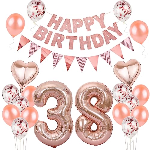 Globos y Decoración 38 Cumpleaños Mujer - Oro Rosa, Banderola - Set Completo