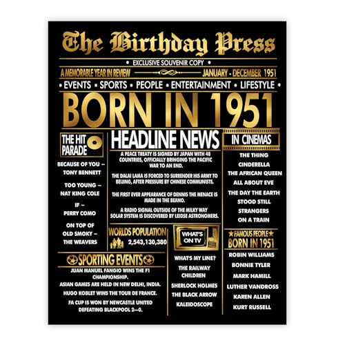 Stuff4 Póster dorado de 74 cumpleaños sin marco, periódico dorado nacido en 1951, feliz...