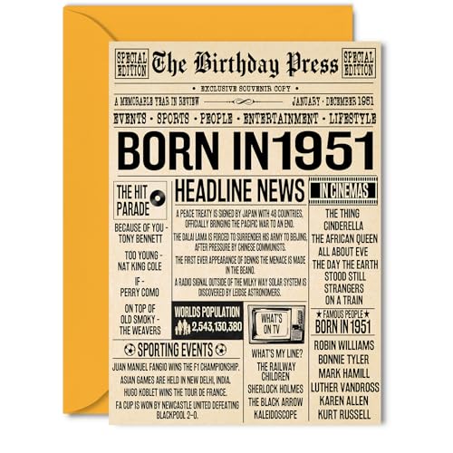 Tarjetas de cumpleaños número 74 para mujeres y hombres – Born In 1951 Newspaper – Tarjeta de...