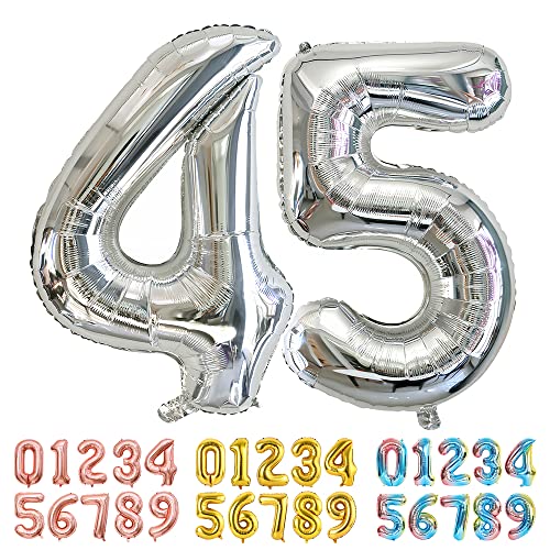 Ponmoo Foil Globo Número 45/54 Plata, Gigante Numeros 0 1 2 3 4 5 6 7 8 9 10-19 20-29 30 40 50 60...