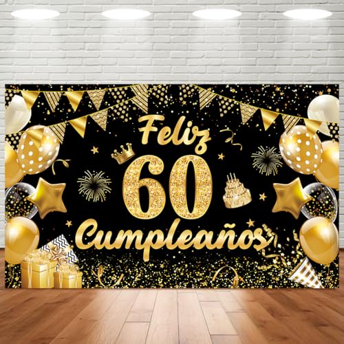 Pancarta Feliz Cumpleaños 60 Años, Decoracion 60 Cumpleaños Oro Negro, Pancarta 60 Cumpleaño 180...