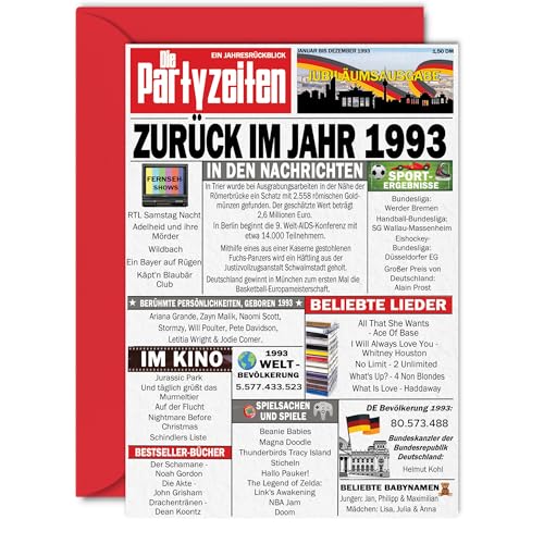 Stuff4 32 tarjetas de cumpleaños para hombres y mujeres – Regreso al año 1993 Periódico – 32...