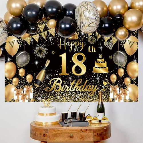 Pancarta para 18º Cumpleaños Negro y Oro 180x110 cm – Decoración de Fiesta Premium con Fondo...