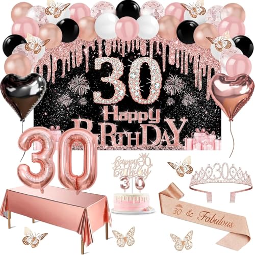Decoraciones de cumpleaños 30 para mujeres, 49 piezas de pancarta negra de oro rosa negro, mantel,...