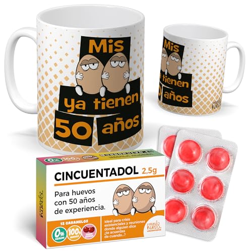 mundohuevo Pack Regalo 50 Años Hombre| Taza Divertida Mis Huevos ya tienen 50 Años + Caramelos de...