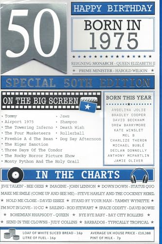 Tarjeta de cumpleaños de 1975 con hechos del año de nacimiento, edición especial 50, eventos...