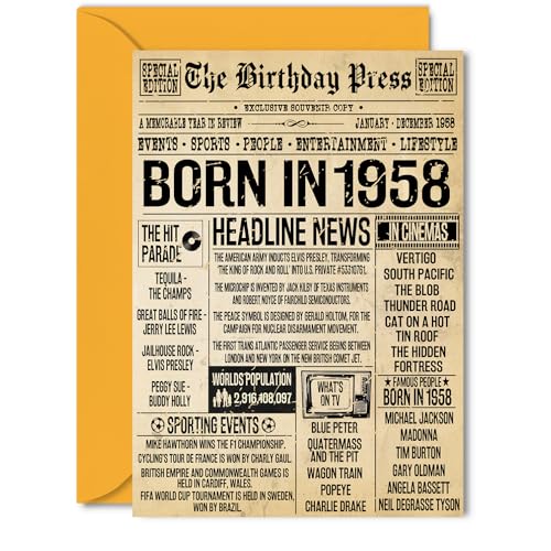 Tarjeta de cumpleaños número 68 para hombres y mujeres – Bday Press Newspaper 1958 – Tarjetas...