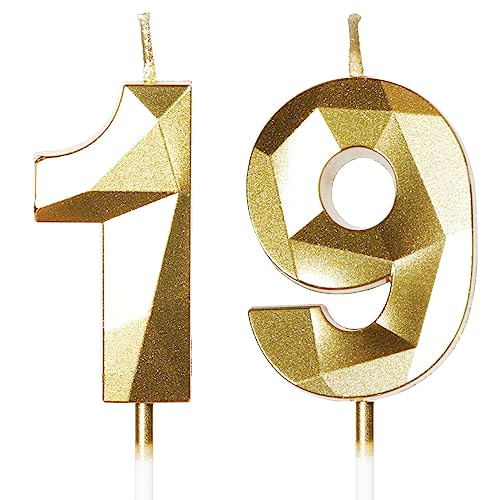 Velas de 19 cumpleaños, vela número 19, velas doradas, vela de cumpleaños para pastel, vela de feliz cumpleaños, velas pasteles, decoraciones para tartas para fiestas cumpleaños, bodas, aniversarios
